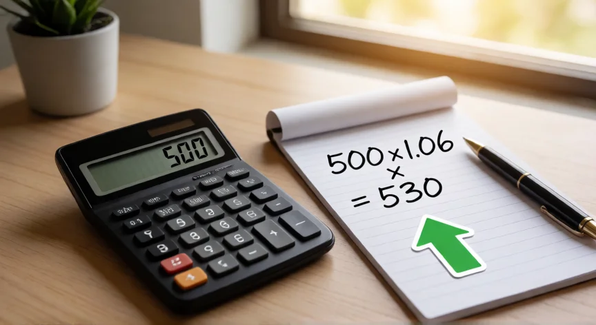 Calculadora y notas de cálculo mostrando cómo aumentar 500 un 6% para obtener 530