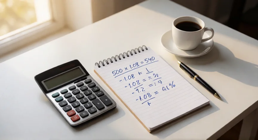 Mesa de escritorio con calculadora y libreta mostrando el cálculo de un incremento del 8 por ciento
