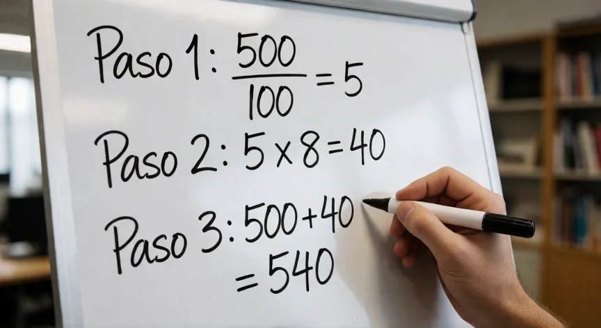 como aumentar el 8 por ciento a una cantidad, Pizarra con el cálculo paso a paso de cómo aumentar una cantidad un 8 por ciento