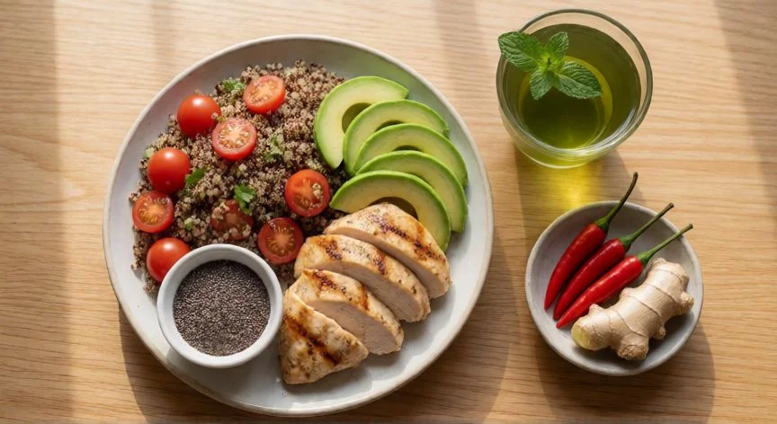 como aumentar el metabolismo, Plato equilibrado con proteína, verduras y té verde visto cenital