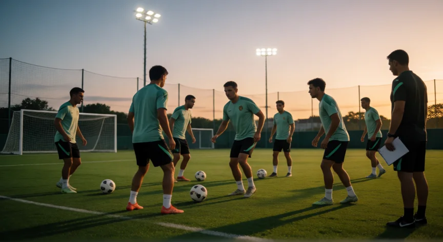 como aumentar el nivel de mis jugadores en efootball, Sesión de entrenamiento de fútbol en campo interior al atardecer