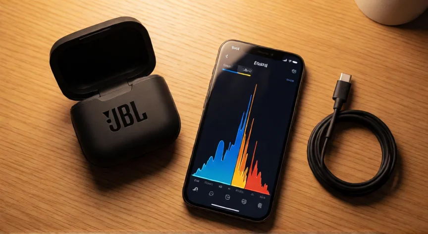 como aumentar el sonido de mis audifonos jbl, Audífonos JBL junto al móvil mostrando el ecualizador con graves potenciados