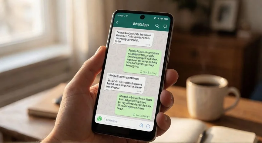 Móvil Android mostrando una conversación de WhatsApp con tamaño de texto ajustado