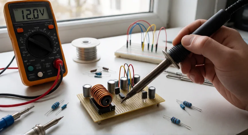 como aumentar el voltaje de 9v a 12v, Soldando circuito boost con inductor y diodo Schottky, multímetro marcando 12V