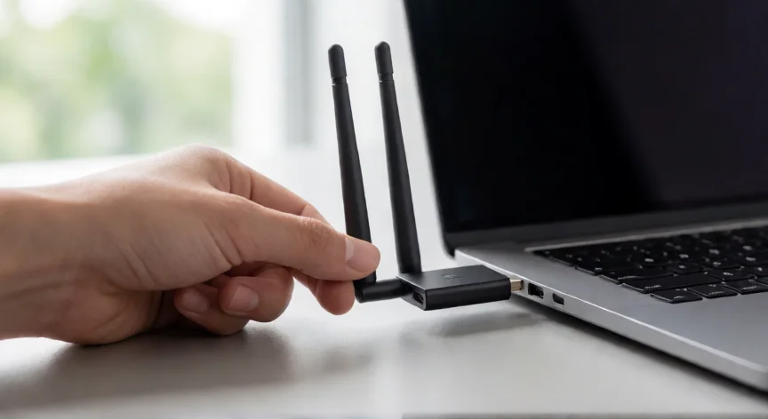 como aumentar el wifi de mi pc, Adaptador WiFi USB con antena externa conectado a un portátil para mejorar la señal