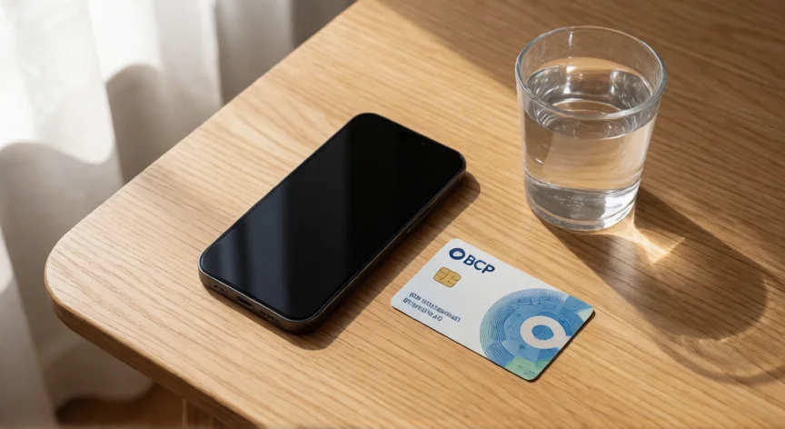 como aumentar el yape a 900, Teléfono con app YAPE junto a una tarjeta BCP sobre una mesa de madera