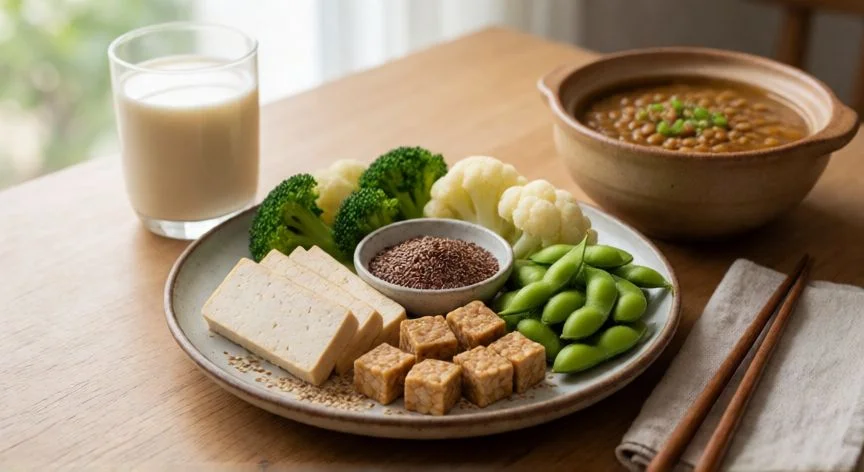 como aumentar estrogenos, Plato saludable con fitoestrógenos: tofu, tempeh, edamame, semillas de lino y brócoli