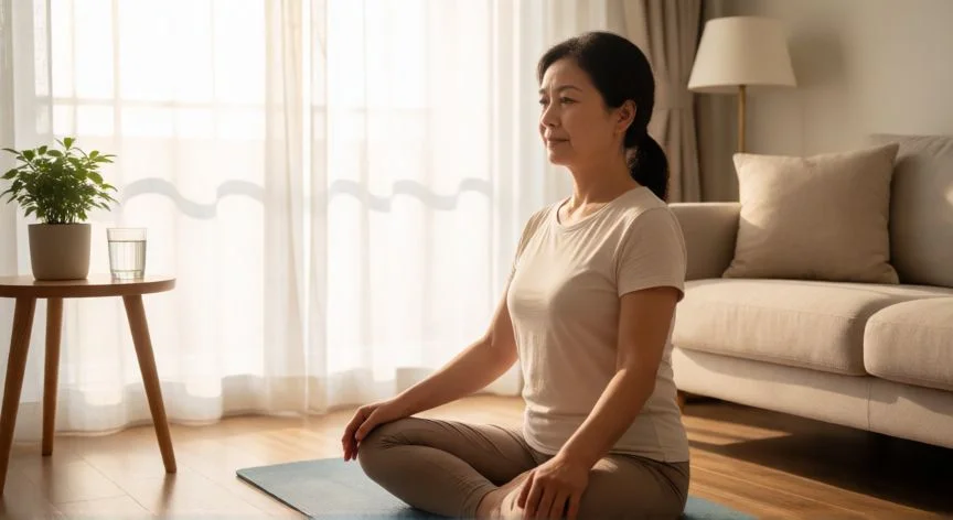 como aumentar estrogenos, Mujer práctica yoga suave en su salón para reducir el estrés y equilibrar hormonas