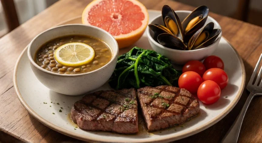 como aumentar ferritina, Plato equilibrado con carne roja, lentejas, espinacas y cítricos para aumentar la ferritina