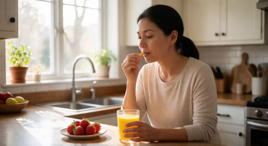 como aumentar ferritina, Mujer tomando suplemento de hierro con zumo de naranja y fresas para mejorar la absorción