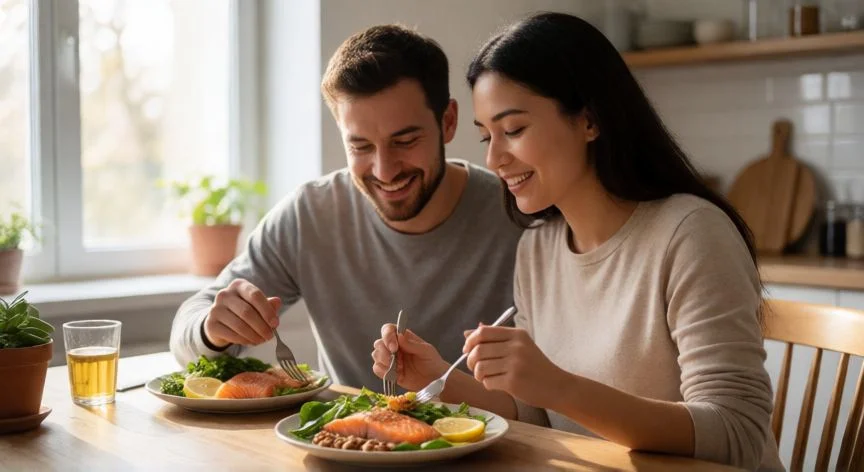 como aumentar fertilidad, Pareja compartiendo una comida saludable rica en nutrientes esenciales para la fertilidad