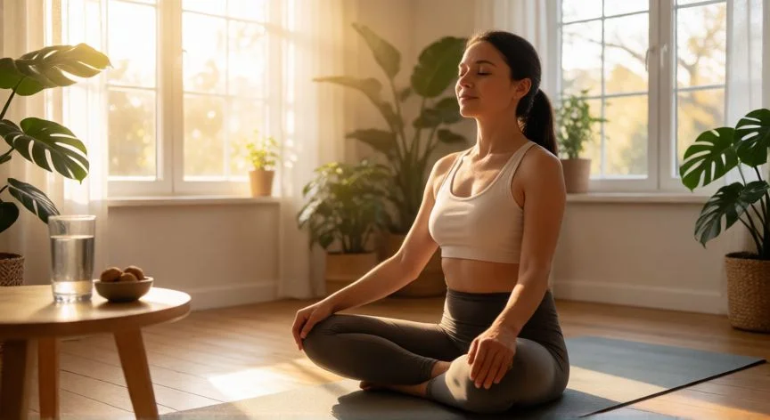 como aumentar fertilidad, Mujer practicando yoga en un ambiente luminoso para reducir el estrés y mejorar la fertilidad