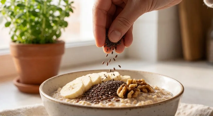 como aumentar fibra en la dieta, Manos añadiendo semillas de chía y lino a un porridge de avena con plátano y nueces