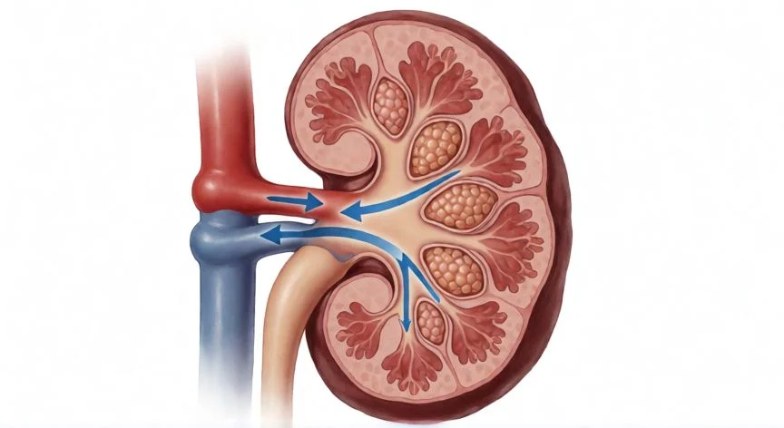 como aumentar filtrado glomerular, Corte transversal del riñón mostrando el glomérulo y la cápsula de Bowman con flujo de filtración