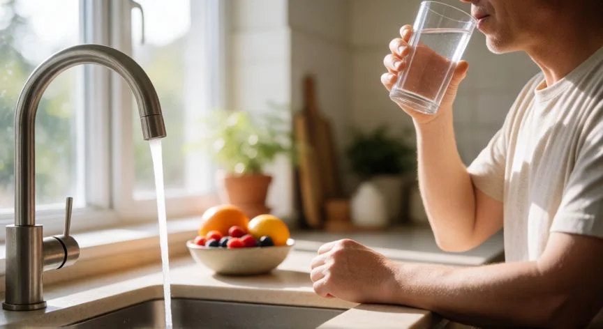 como aumentar filtrado glomerular, Persona bebiendo agua en una cocina luminosa como hábito para mantener la hidratación renal