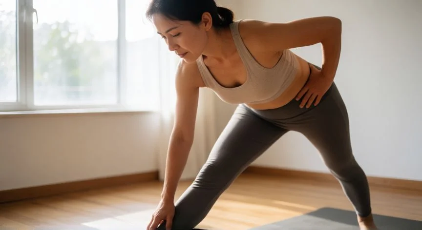 como aumentar flexibilidad, Mujer realizando estiramiento de cuádriceps en posición de pie en un gimnasio doméstico