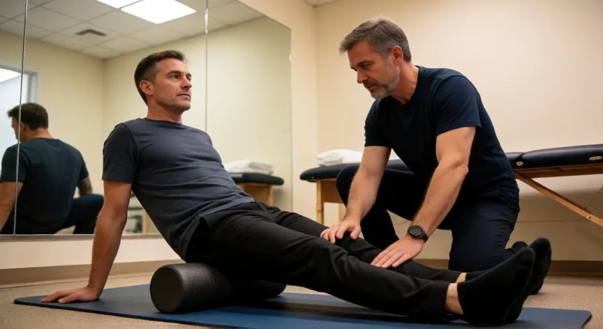 como aumentar flexibilidad, Hombre recibiendo estiramiento PNF asistido con rodillo de espuma en una sala de fisioterapia