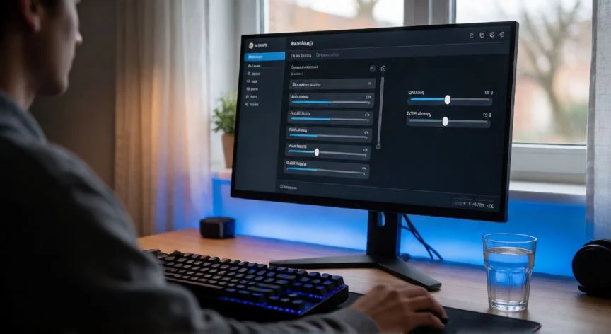 como aumentar fps, Jugador ajustando opciones gráficas en su monitor para optimizar FPS
