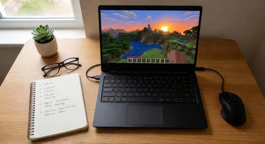 como aumentar fps en minecraft, Escritorio con portátil mostrando Minecraft y apuntes de optimización de mods y RAM