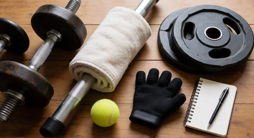 como aumentar fuerza de agarre, Material de entrenamiento para fuerza de agarre: mancuernas, toalla, placas y gripper sobre mesa