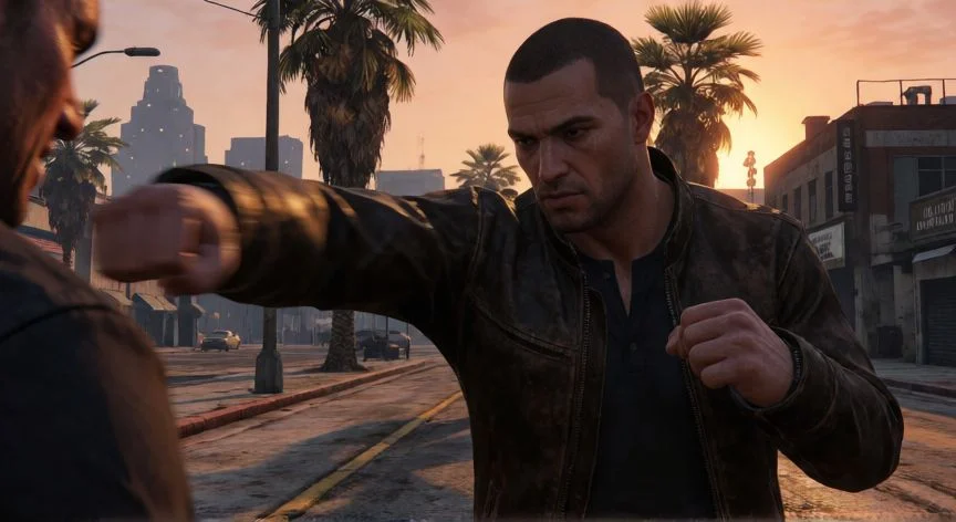 como aumentar fuerza en gta v, Personaje de GTA V dando un puñetazo en una calle urbana al atardecer