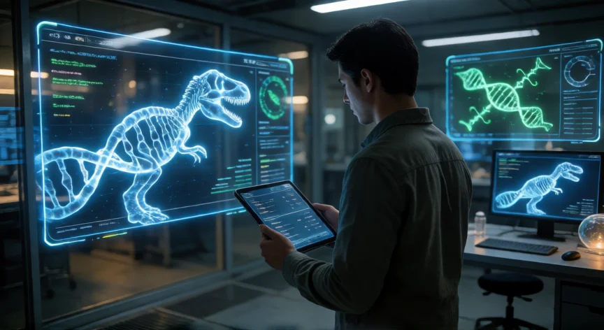 como aumentar genoma jurassic world, Jugador analizando el genoma de un T-Rex en laboratorio virtual