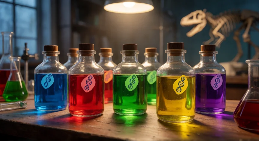 como aumentar genoma jurassic world, Frascos de mutageno de colores para potenciar dinosaurios