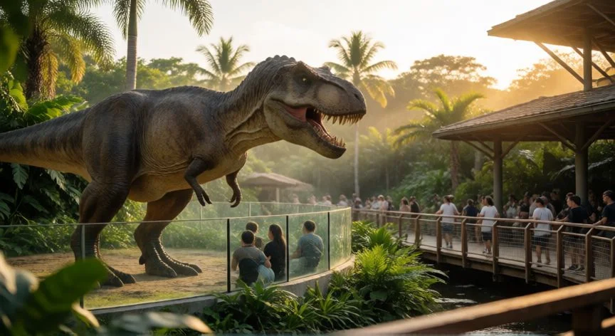 como aumentar genoma jurassic world 3, Encierro de dinosaurio en parque temático al atardecer con visitantes observando