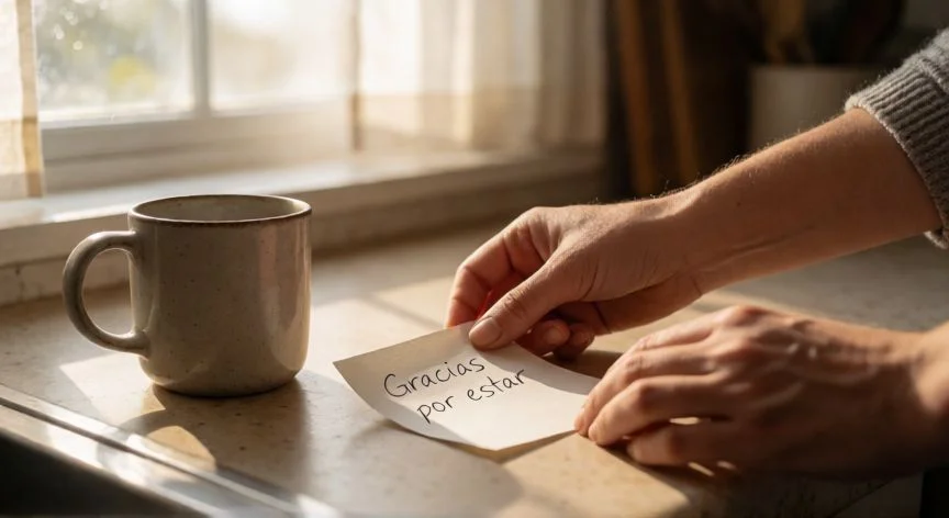 como aumentar gentileza persona 5, Manos depositando una nota de agradecimiento escrito a mano en una mesa de cocina