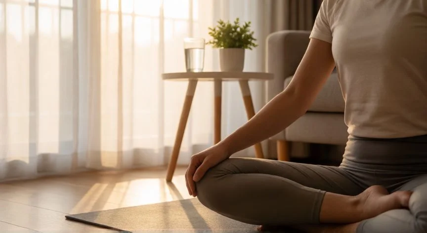 como aumentar globulos blancos, Persona practicando yoga suave con luz natural para reducir estrés y mejorar función inmunitaria