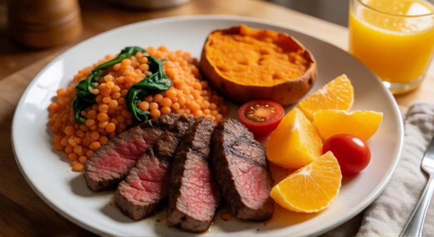 como aumentar globulos rojos, Plato de comida rica en hierro con carne, lentejas, espinacas y naranja