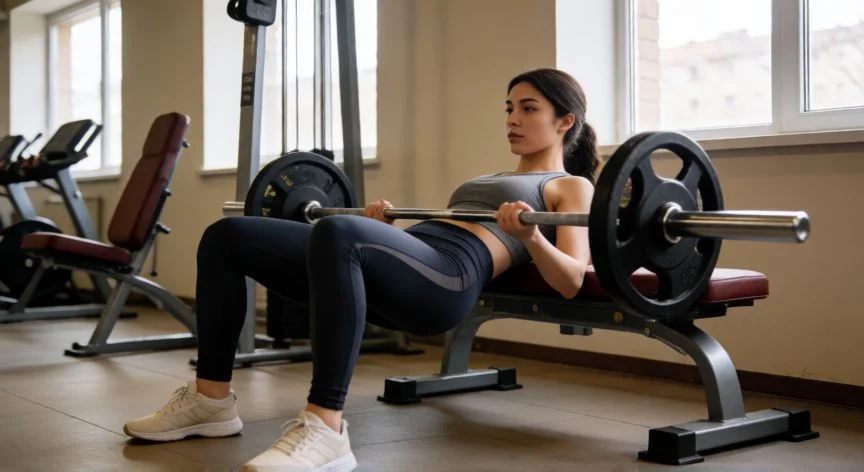 como aumentar gluteos, Mujer realizando hip thrust con barra en el gimnasio