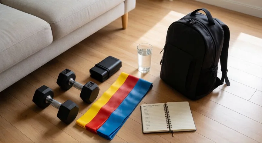 como aumentar gluteos en casa, Material de entrenamiento para glúteos en casa: mancuernas, bandas, mochila con peso y cuaderno de registro