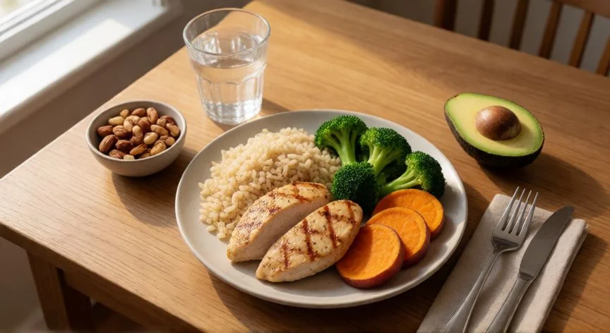 como aumentar glúteos rápidamente, Comida post-entreno equilibrada con proteína, carbohidratos y grasas saludables para recuperación muscular