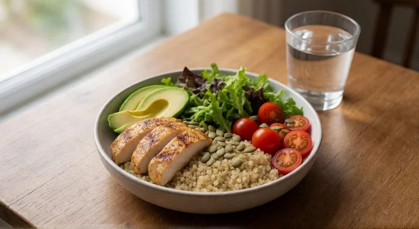 como aumentar glúteos sin ejercicio, Comida balanceada con proteína y grasas saludables para ganar volumen glúteo