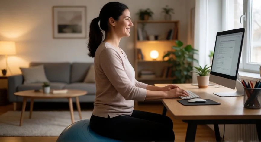 como aumentar glúteos sin ejercicio, Corrección postural con bola de pilates para activar glúteos en la oficina