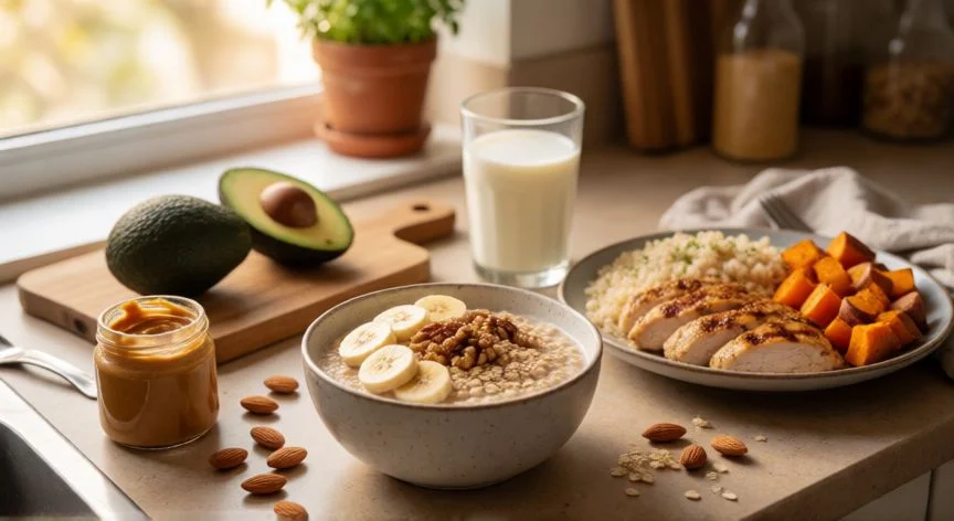 como aumentar grasa corporal, Mesa con alimentos de alta densidad calórica para aumentar grasa corporal saludablemente