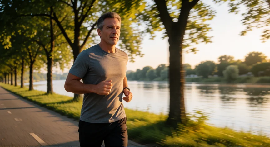 como aumentar hdl, Hombre haciendo ejercicio aeróbico al aire libre en una orilla de río