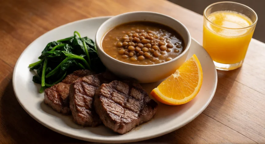 como aumentar hematies, Plato equilibrado con carne roja, lentejas, espinacas y naranja para aumentar los hematíes