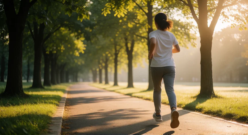 como aumentar hematies, Corredor en un parque por la mañana, ejercicio aeróbico para estimular la eritropoyesis