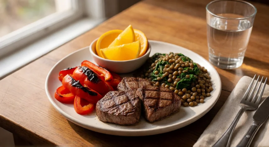 como aumentar hemoglobina, Plato equilibrado con carne, legumbres, espinacas y cítricos para aumentar la hemoglobina