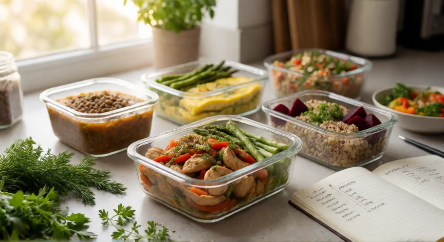 como aumentar hemoglobina, Plan de comidas semanal con contenedores preparados ricos en hierro y vitamina C