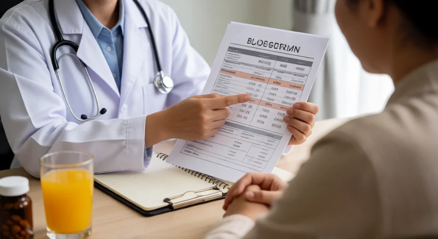 como aumentar hemoglobina en sangre, Médica revisando analítica de hemoglobina con paciente en consulta