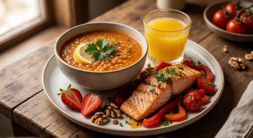 como aumentar hierro, Plato mediterráneo con lentejas, salmón, pimientos, naranja y fresas para aumentar el hierro