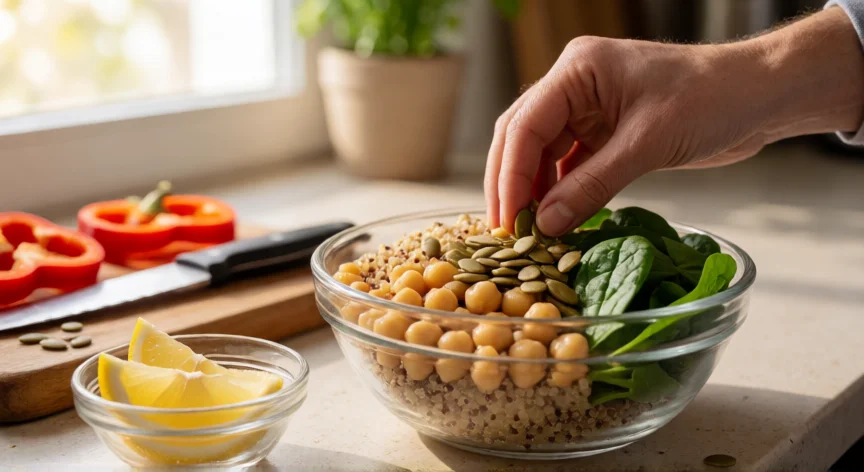 como aumentar hierro, Preparación de ensalada de garbanzos, quinoa y espinacas con limón para absorber mejor el hierro