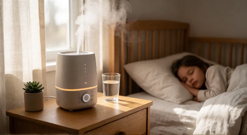 como aumentar humedad en casa, Humidificador de vapor frío en dormitorio con luz natural y cuna al fondo