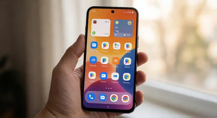 como aumentar iconos en android, Pantalla de inicio Android con iconos de gran tamaño en cuadrícula 3x5