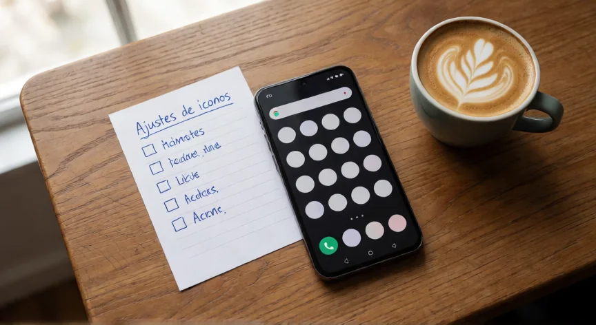 como aumentar iconos en android, Móvil Android con iconos grandes sobre escritorio con lista de ajustes