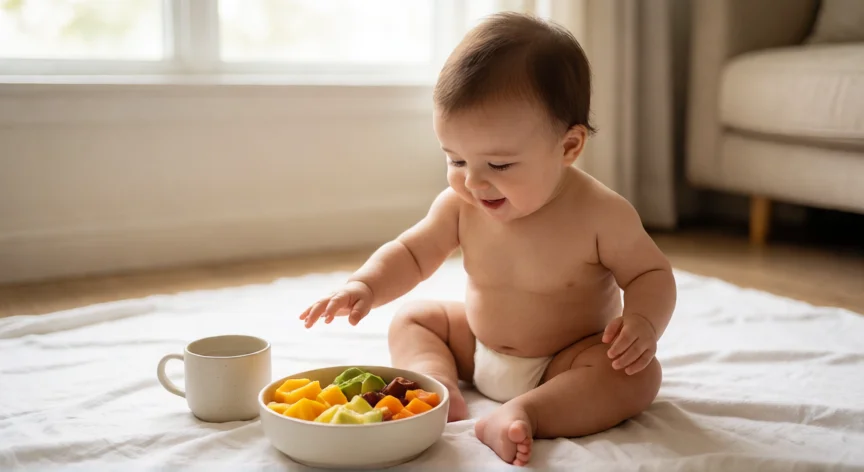 como aumentar imunidade bebe 8 meses, Bebê de 8 meses sentado com tigela de frutas e legumes coloridos durante a refeição