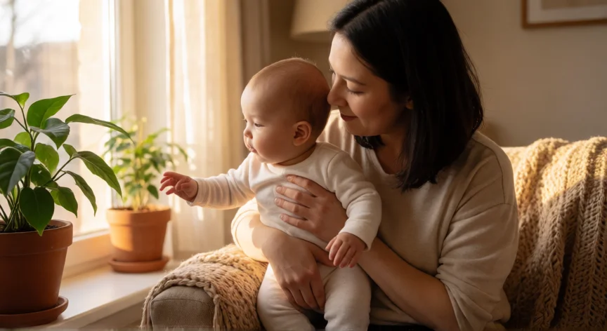 como aumentar imunidade bebe 8 meses, Mãe com bebê de 8 meses em ambiente acolhedor com luz natural e planta